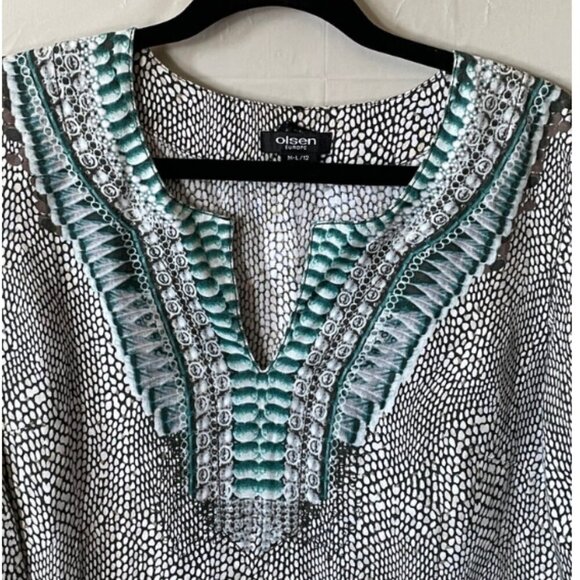 Olsen Tunic Shift Dress 12 Blue Linen V-Neck Animal Print Resort Lightweight - Picture 7 of 8